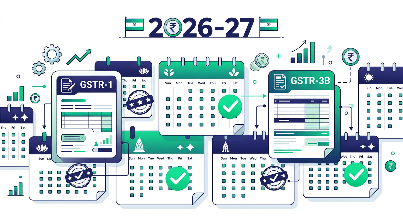 GSTR-1 and GSTR-3B due dates calendar 2026-27 with GST return forms and late fee warning — BikriBook